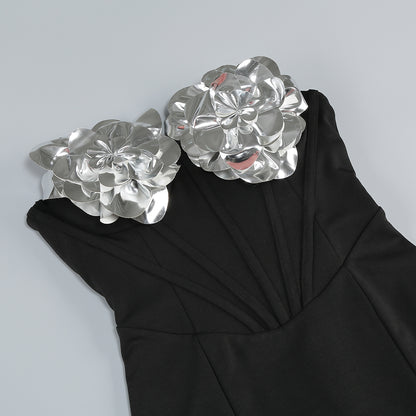 Strapless Floral Bustier Maxi Dress Black Silver HV2037