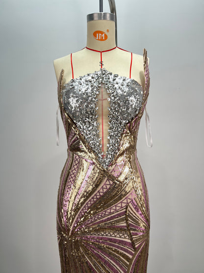 Strapless Sequin Maxi Dress Silver Gold HV1783