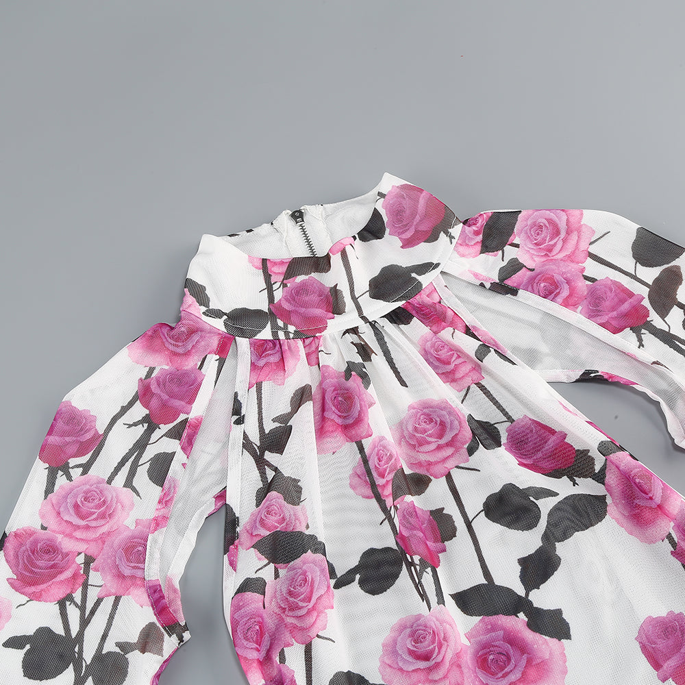 Long Sleeve Floral Backless Dress Pink HV1938