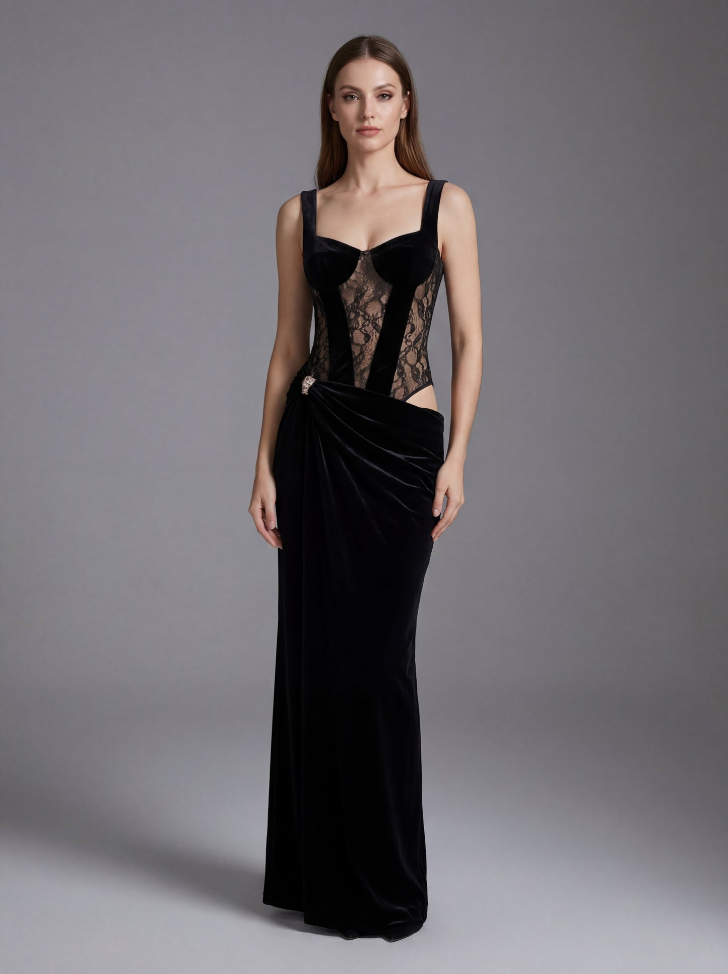 Lace Bustier Draped Maxi Velvet Dress Black HV2918