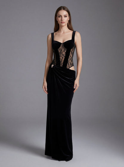 Lace Bustier Draped Maxi Velvet Dress Black HV2918