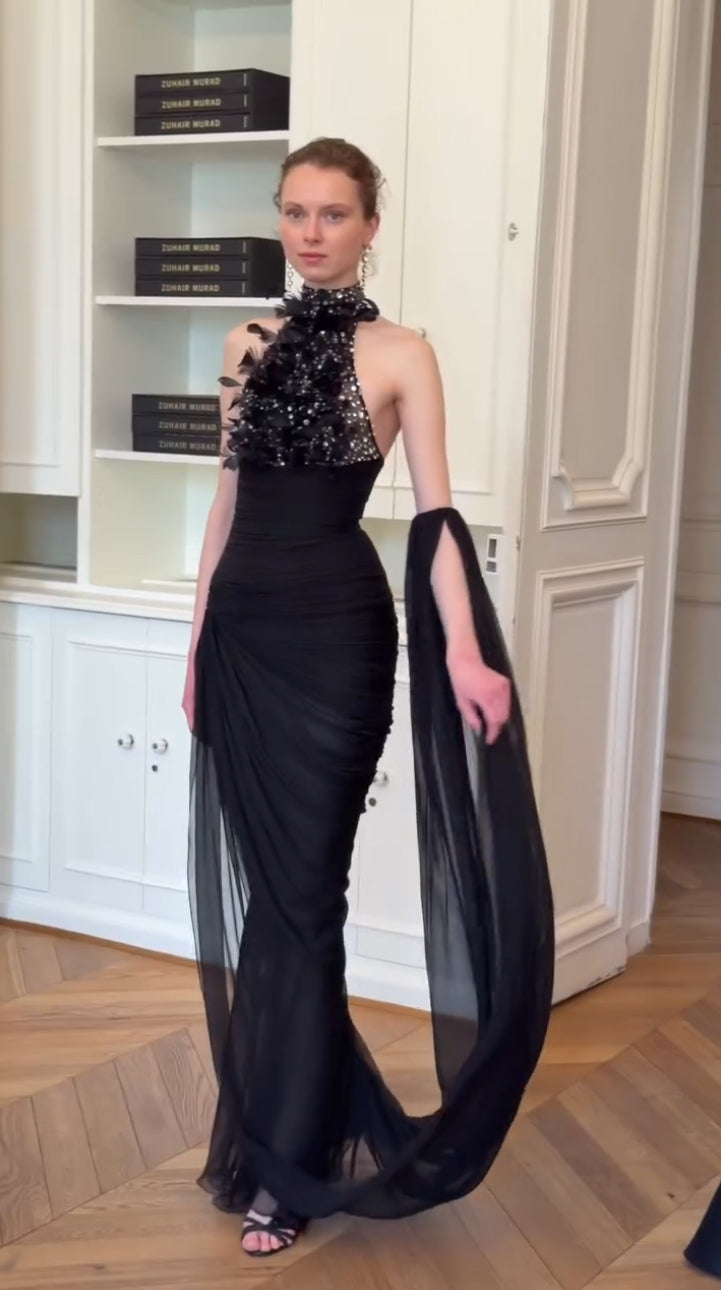 Halter Crystal Feather Draped Mesh Maxi Dress Black HV3081