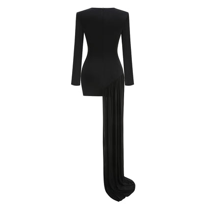 Long Sleeve Crystal Detail Draped Dress Black HV2036