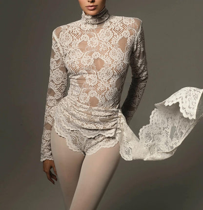 Long Sleeve Draped Lace Bodysuit White HV1546