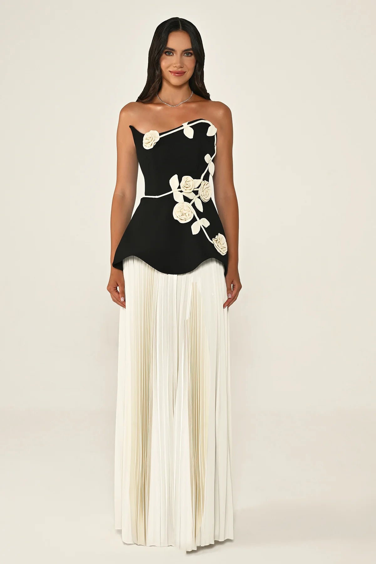 Strapless Floral Peplum Pleated Midi Dress Black White HV2612