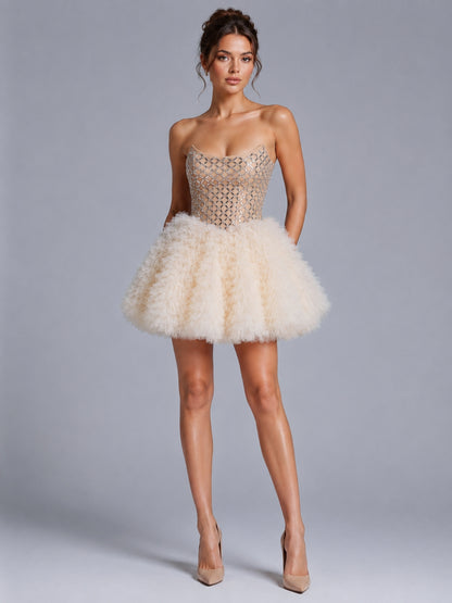 Strapless Embellished Ruffle A Line Dress Ivory HV3129