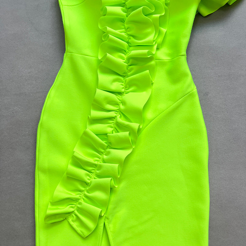 One Shoulder Ruffle Maxi Dress Neon Green HV1511