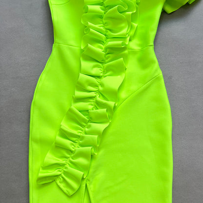 One Shoulder Ruffle Maxi Dress Neon Green HV1511