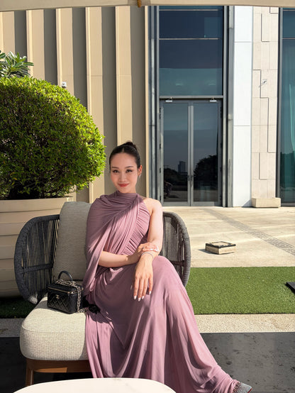 One Sleeve Draped A Line Maxi Dress Pink HV2683