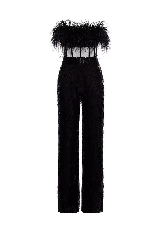 Strapless Feather Sequin Jumpsuit Black HV1549