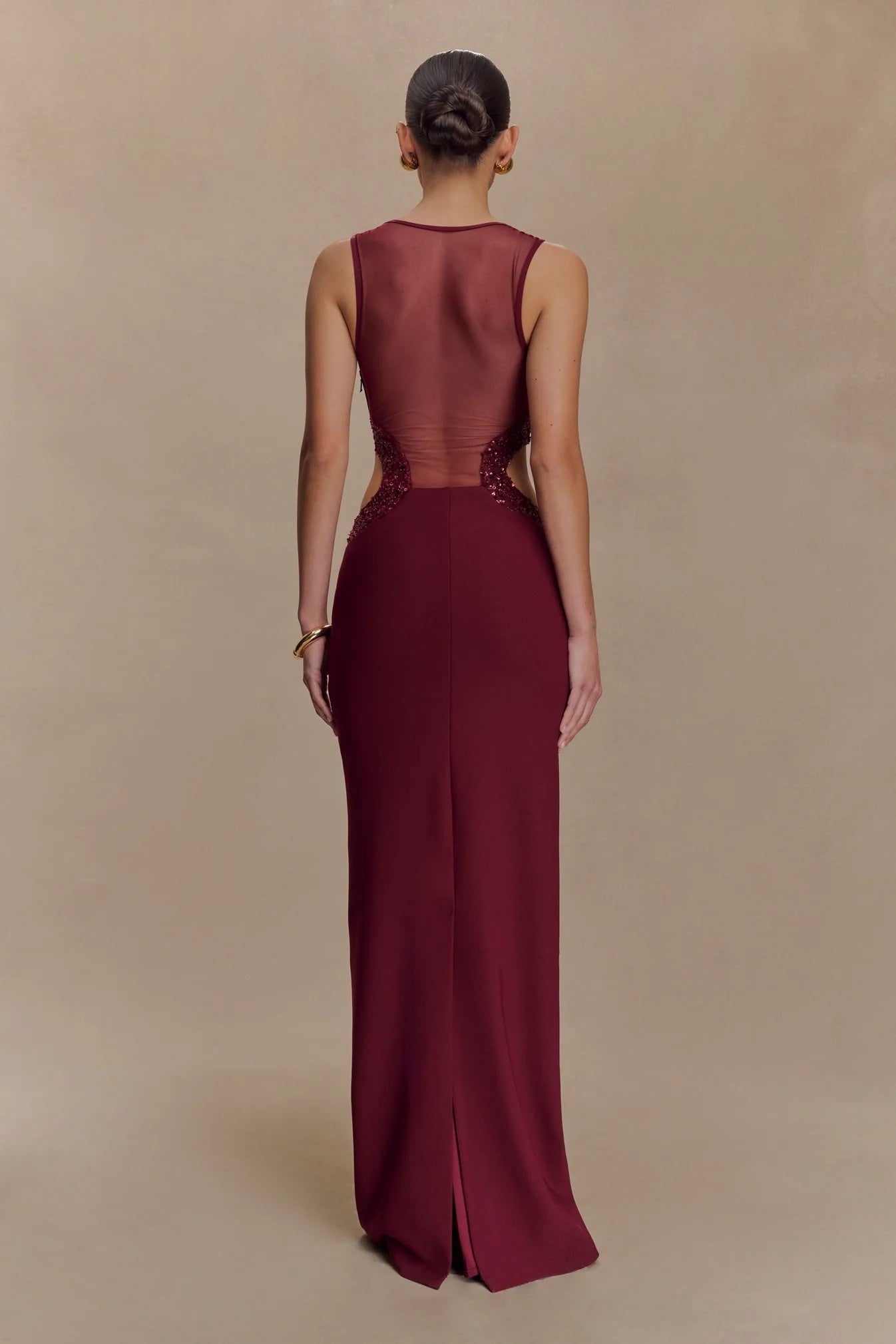 Mesh Sequin Cut Out Maxi Dress Red HV2834