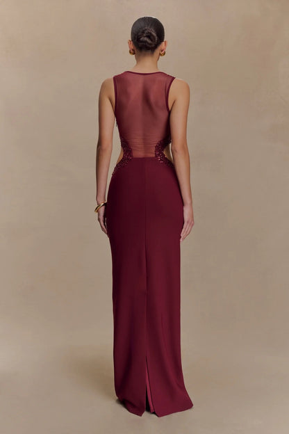 Mesh Sequin Cut Out Maxi Dress Red HV2834
