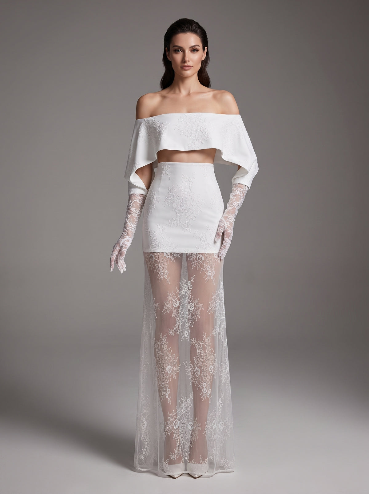 Lace Glove Sleeves Bardot Maxi Dress White HV3235