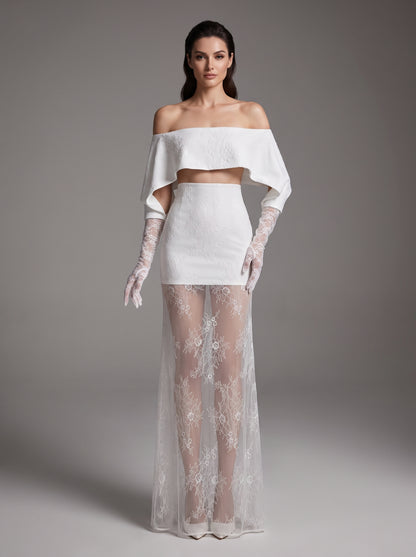Lace Glove Sleeves Bardot Maxi Dress White HV3235
