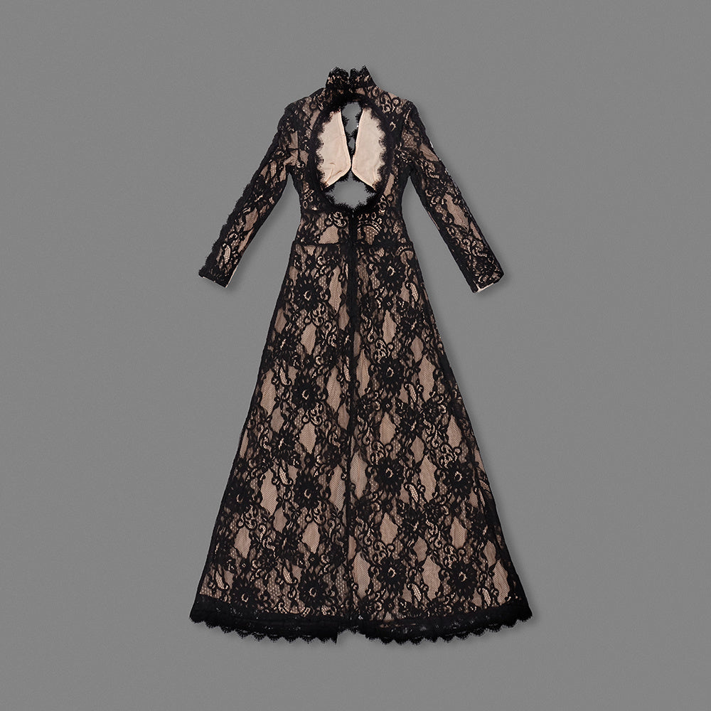 Long Sleeve Cut Out Lace Maxi Dress Black HV2038