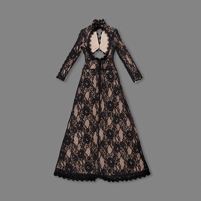 Long Sleeve Cut Out Lace Maxi Dress Black HV2038
