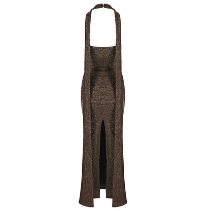 Halter Sparkly Maxi Dress Brown HV0009
