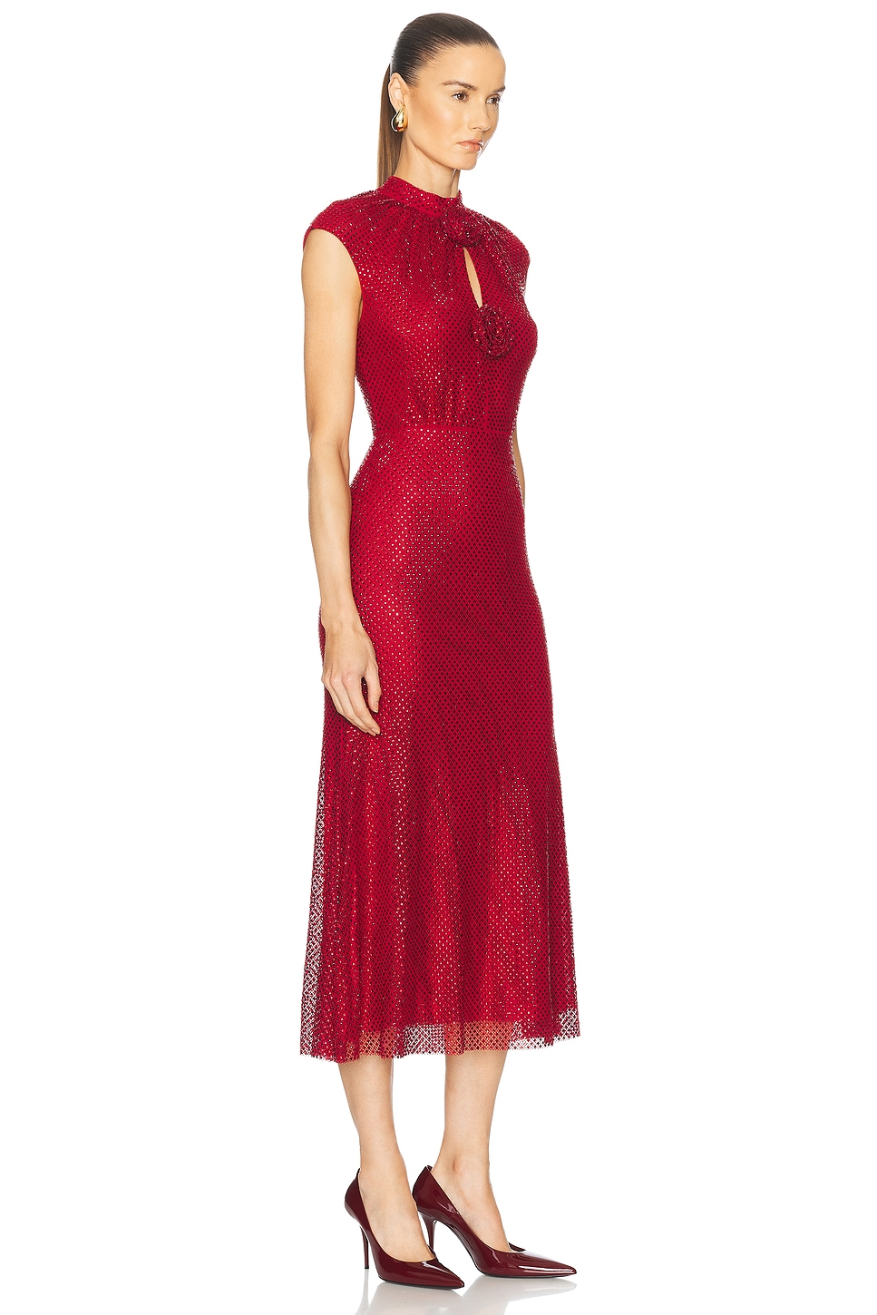 Floral Detail Sparkly Midi Dress Red HV2213