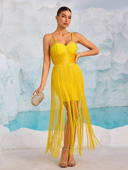 Bustier Tassel Maxi Dress Yellow HV2448