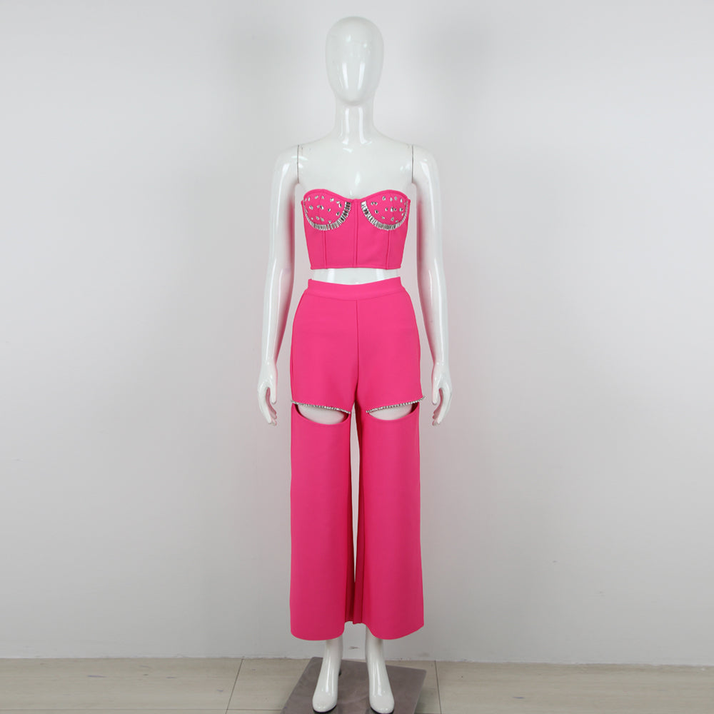 Strapless Crystal Bustier Two Piece Jumpsuit Hot Pink HV9772