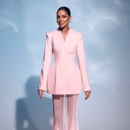 Long Sleeve Mesh Maxi Two Piece Dress Pink HV2572