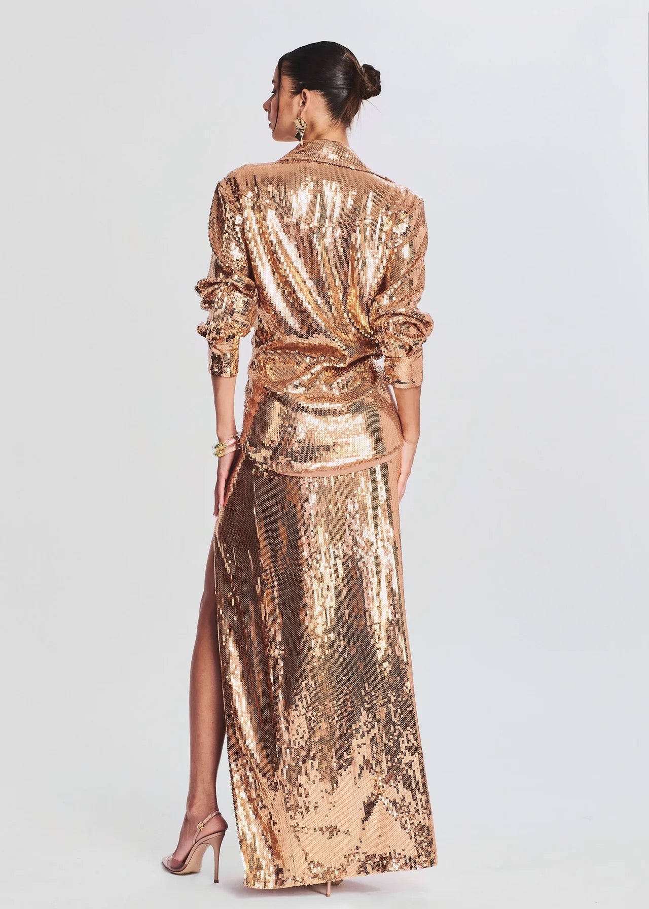 Long Sleeve Sequin Two Piece Midi Dress Gold HV9789