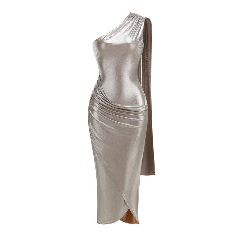 One Shoulder Draped Midi Dress Titanium HV2735