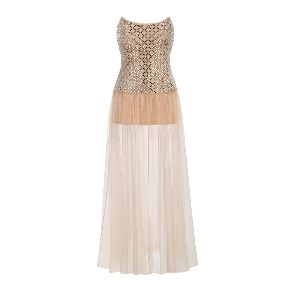 Strapless Embellished Mesh A Line Maxi Dress Nude HV3229