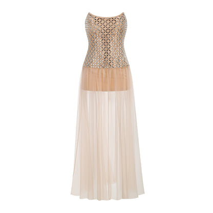 Strapless Embellished Mesh A Line Maxi Dress Nude HV3229