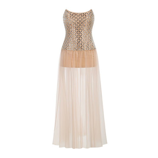 Strapless Embellished Mesh A Line Maxi Dress Nude HV3229