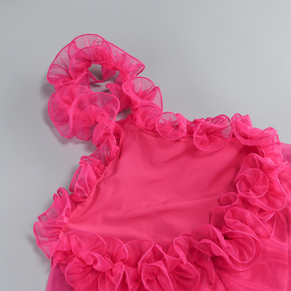 Halter Ruffle A Line Dress Hot Pink HV1344