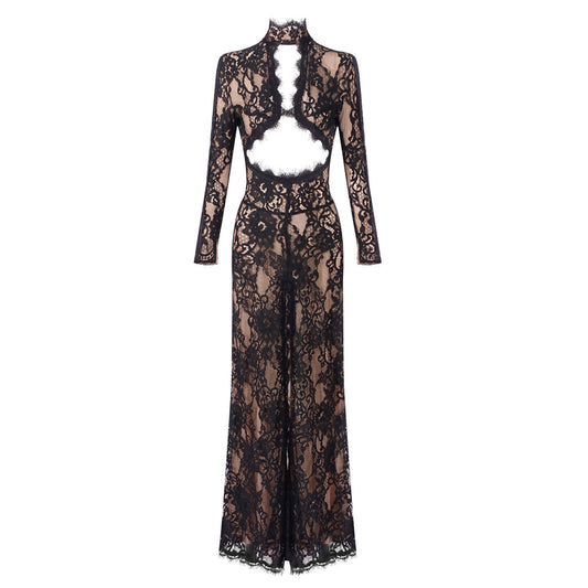 Long Sleeve Cut Out Lace Maxi Dress Black HV2038
