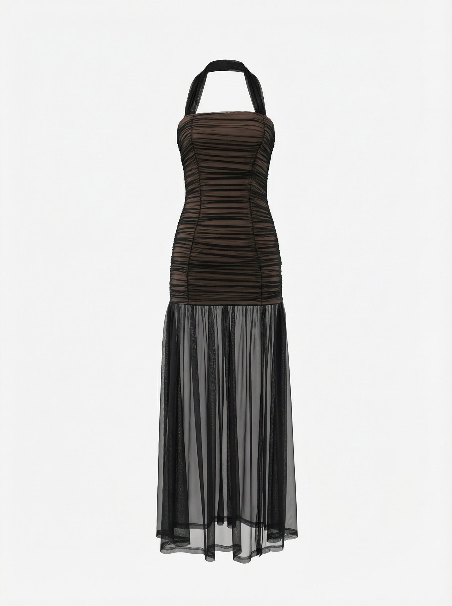 Halter Ruched Mesh Maxi Dress Black HV2753