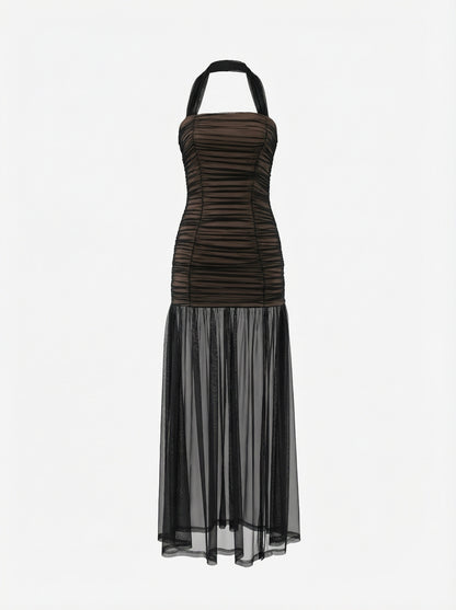 Halter Ruched Mesh Maxi Dress Black HV2753