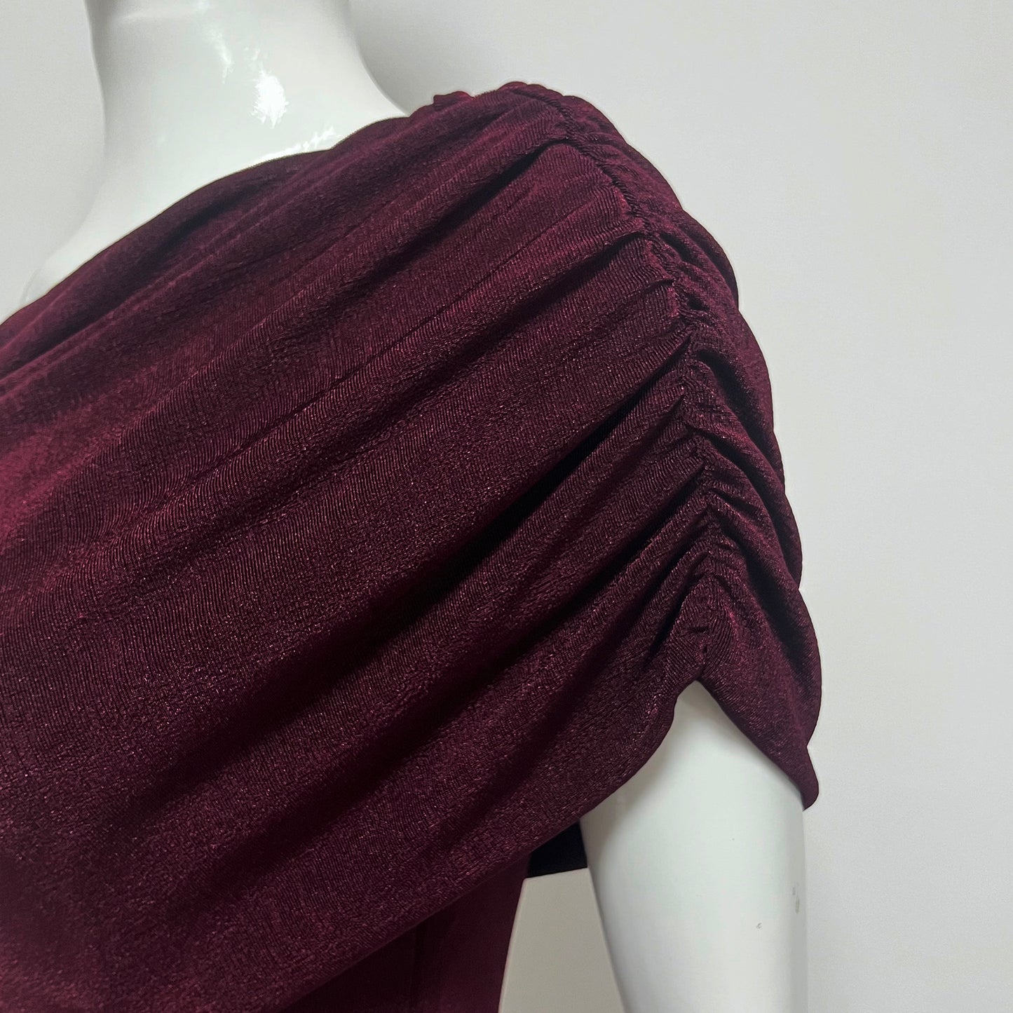 One Shoulder Bardot Draped Maxi Dress Burgundy HV2828