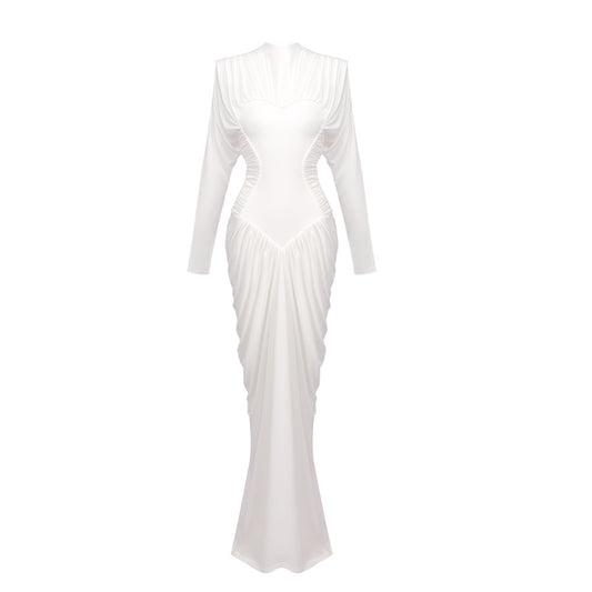 Long Sleeve Draped Structured Maxi Dress White HV0051