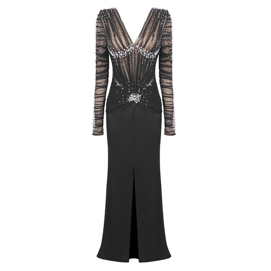 Long Sleeve Embellished Ruched Mesh Maxi Dress HV1576