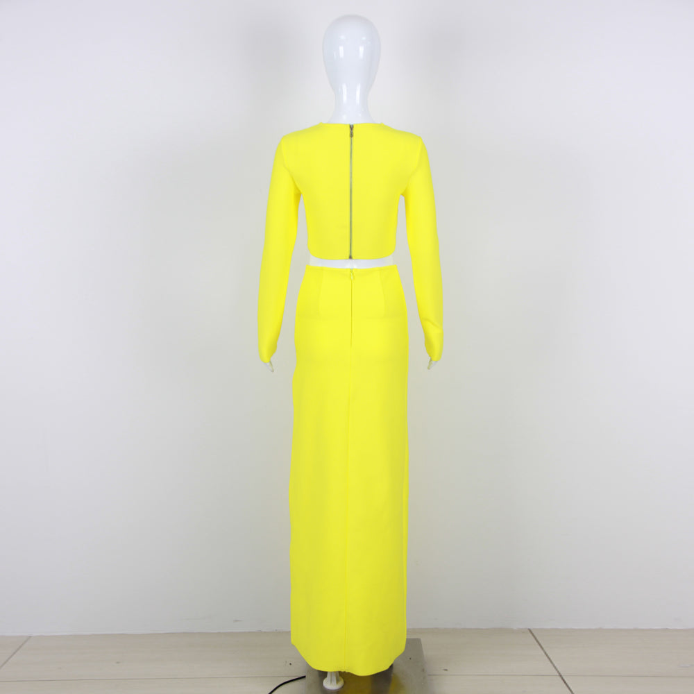 Long Sleeve Star Detail Two Piece Maxi Dress Yellow  HV9902