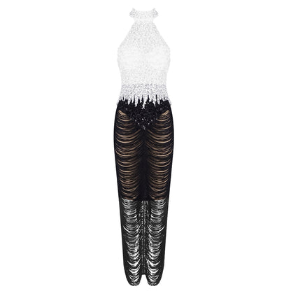 Pearl Sequin Tassel Maxi Dress White Black HV2129