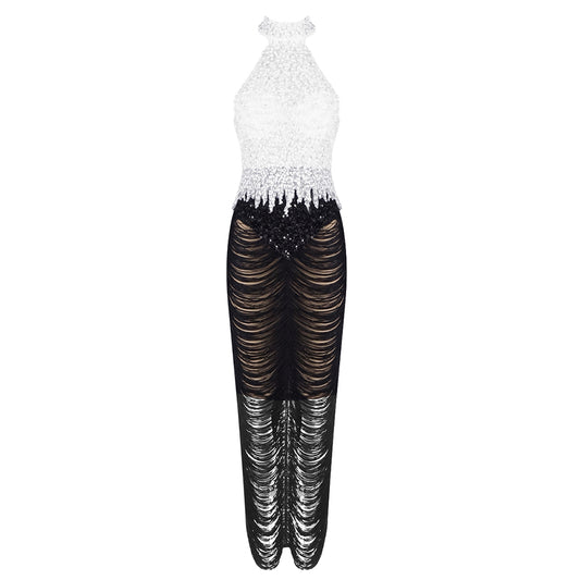 Pearl Sequin Tassel Maxi Dress White Black HV2129