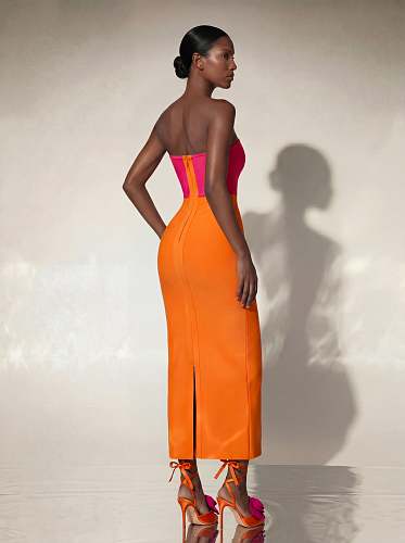 Strapless Floral Detail Maxi Dress Hot Pink Orange HV3045