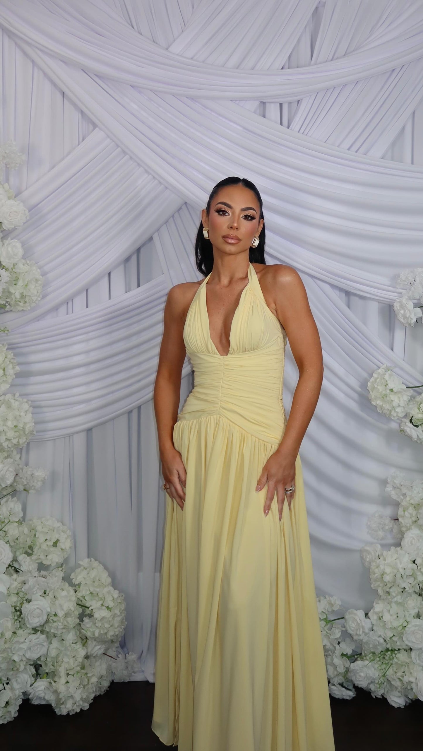 Halter Corset A Line Maxi Dress Yellow HV2960