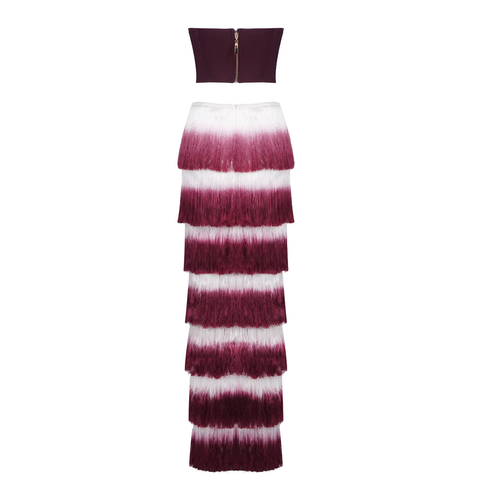 Strapless Tassel Two Piece Maxi Dress Burgundy HV2598