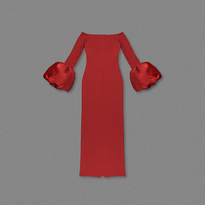 Long Sleeve Bardot Maxi Dress Red HV1855