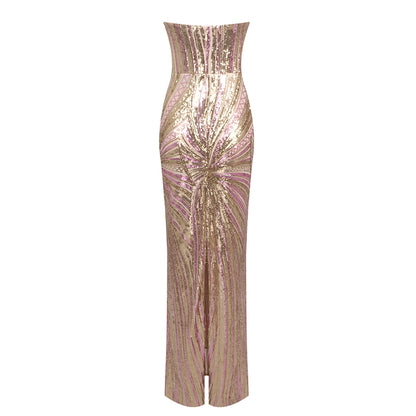 Strapless Sequin Maxi Dress Silver Gold HV1783