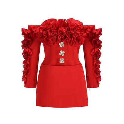 Long Sleeve Bardot Ruffle Dress Red HV2910