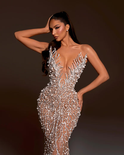 Strapless Crystal Pearl Sequin Maxi Dress Nude HV2146