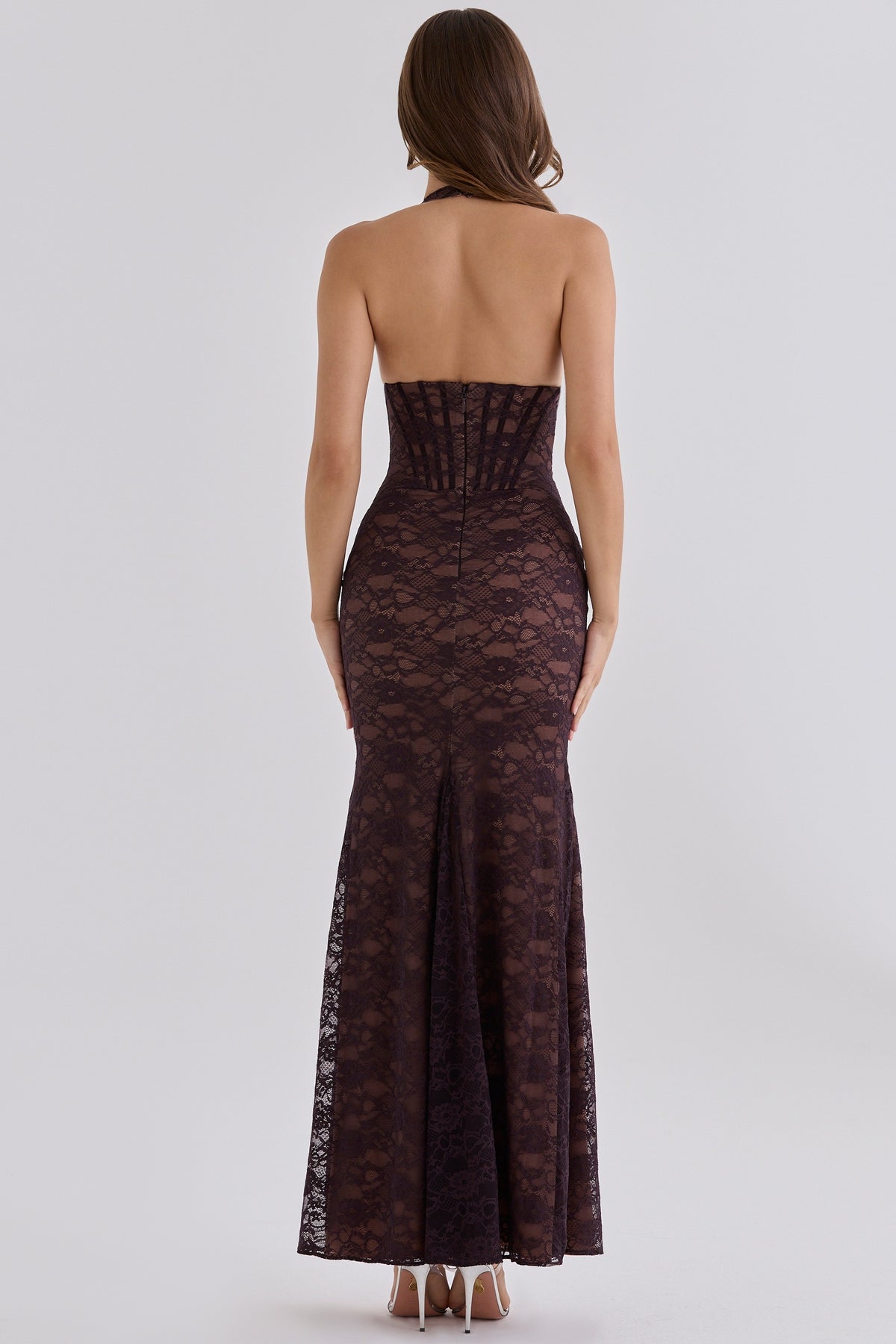 Halter Structured Lace Maxi Dress Brown HV3237