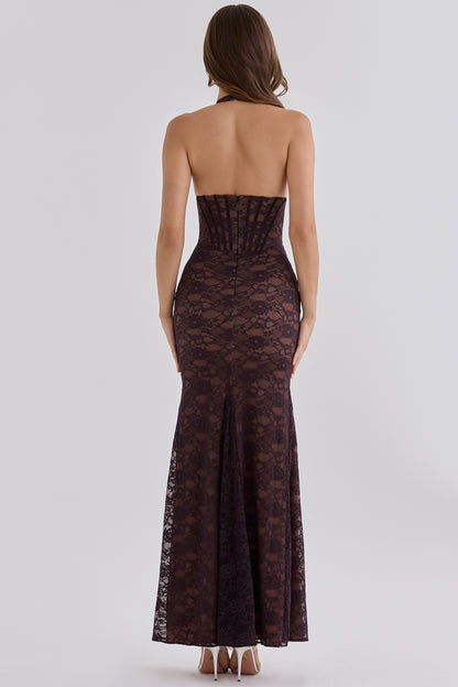Halter Structured Lace Maxi Dress Brown HV3237