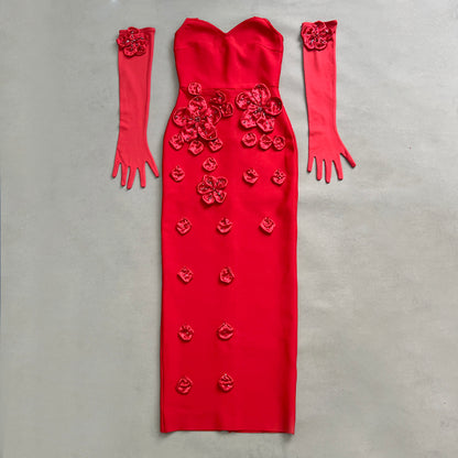 Halter Floral Gloves Maxi Dress Red HV2467